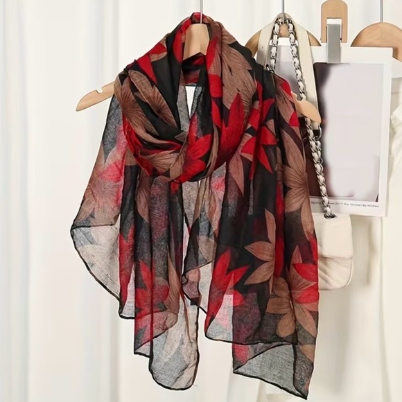 ✂️ SPRING SWEEP SALE Floral Leaf Pattern Lightweight Red and Brown Scarf Shawl - Picture 3 of 6